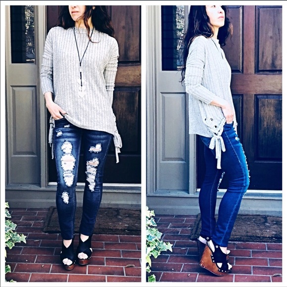 Soft brushed fabric side lace up L/sleeve top - Picture 2 of 8